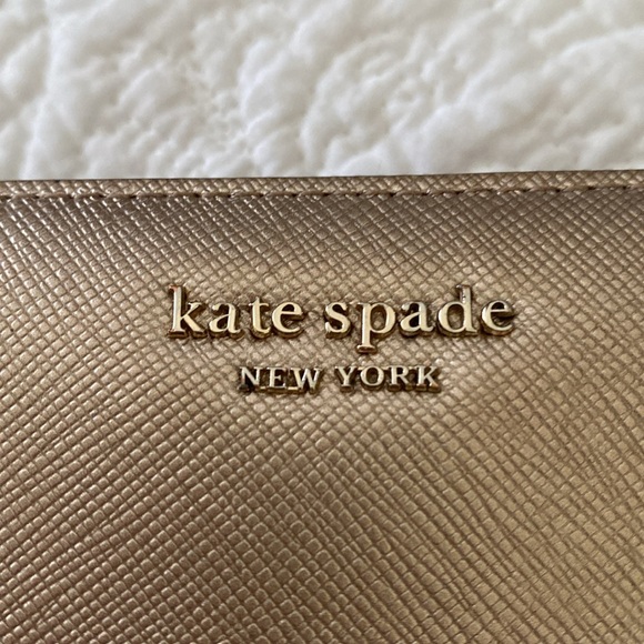 Kate Spade large gold metallic zip around wallet w/ cranberry and pink interior - Picture 2 of 16